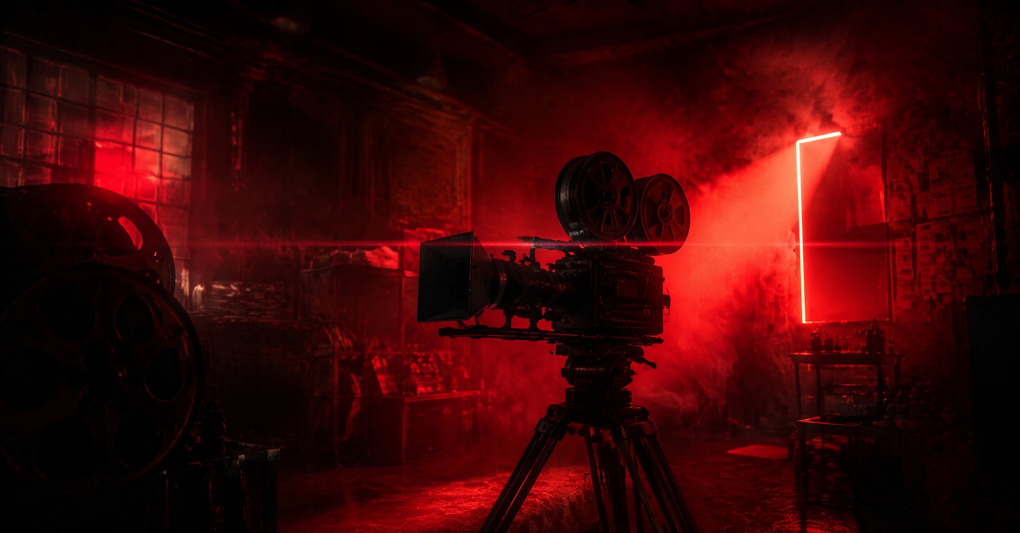 Cinema camera bathed in red light inside the Den studio
